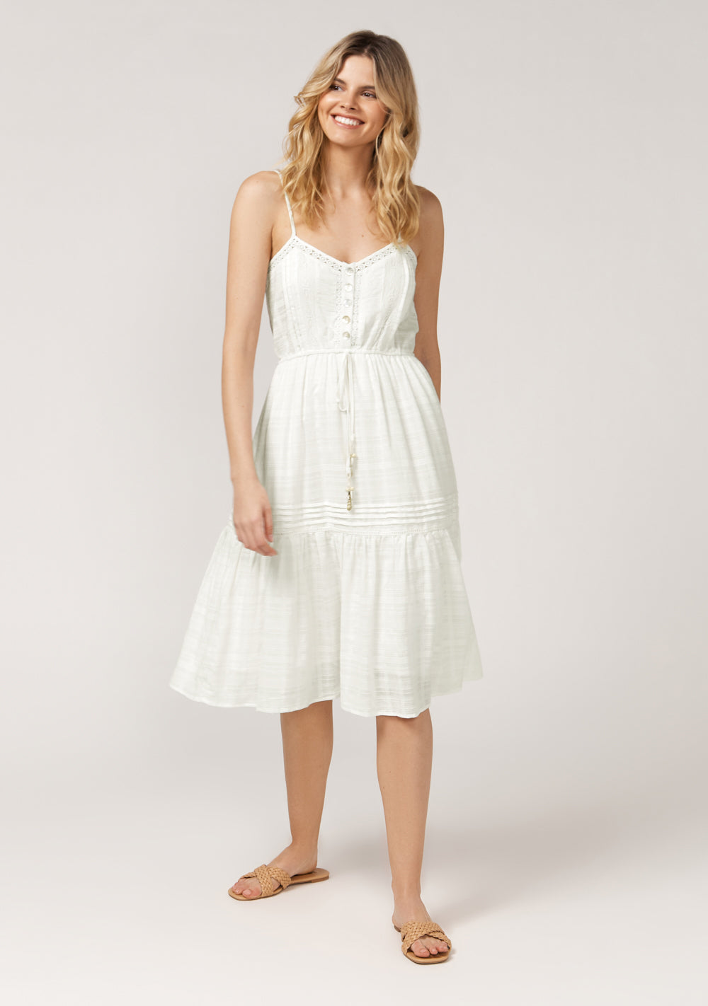 knee length dresses for ladies ELLA BOHO STRAPPY MIDI DRESS - WHITE